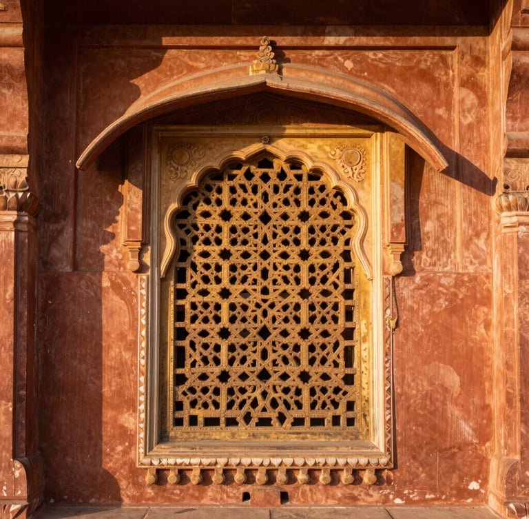 Close-up portrait of an intricate jali (stone lattice) window at a historic Rajasthani palace, golden hour light casting dramatic shadows, rich terracotta tones.