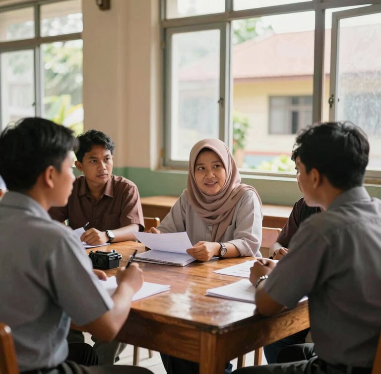 A bright classroom in Kibin, where local Indonesian teachers are actively collaborating around a wooden table, warm daylight streaming through the windows, 35mm professional photography.