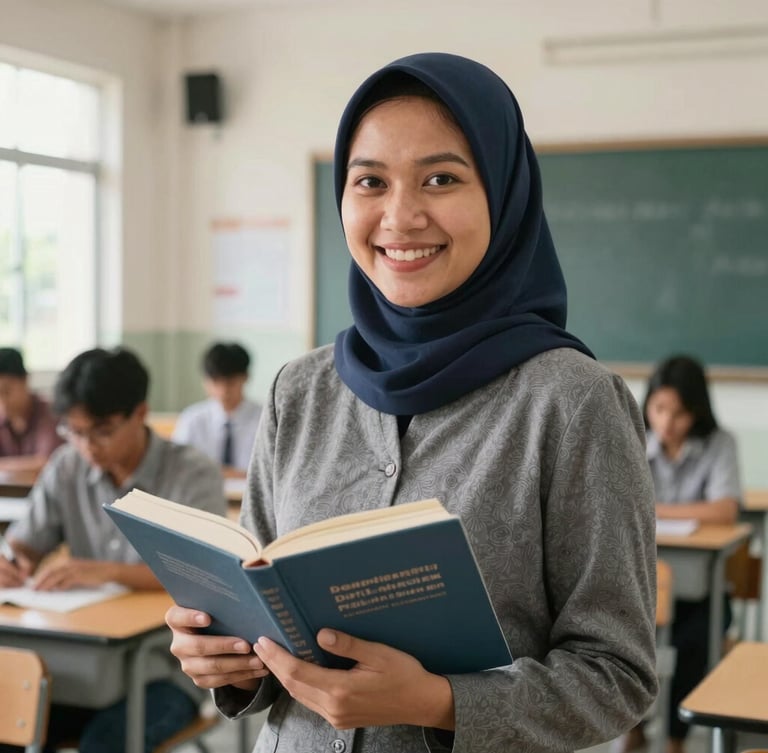 A clean medium portrait of a female Indonesian teacher smiling warmly, holding a book in a bright modern classroom, 35mm lens, authentic editorial style