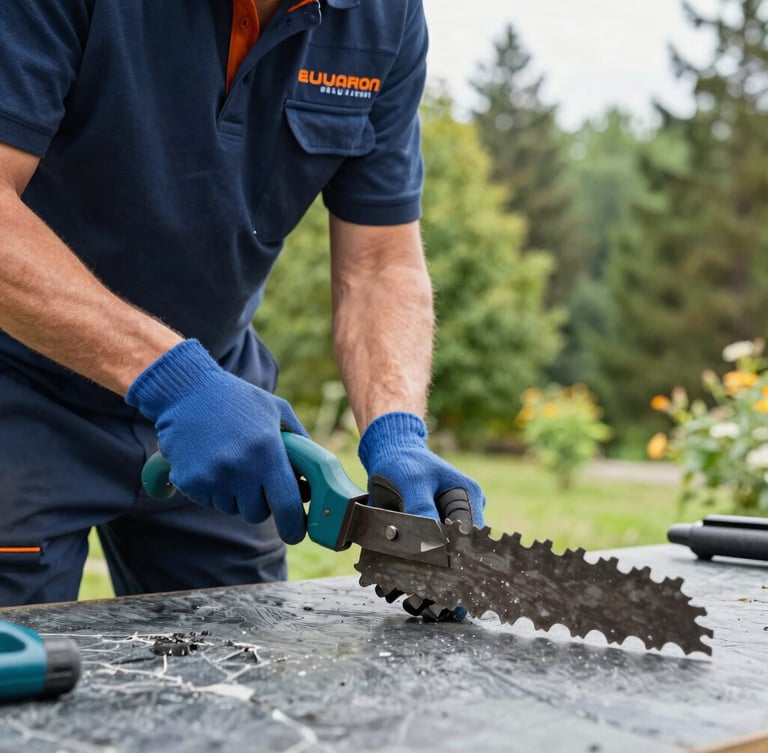 Close-up of a professional landscaper in clean branded gear sharpening a heavy mower blade in a workshop, bright daylight.
