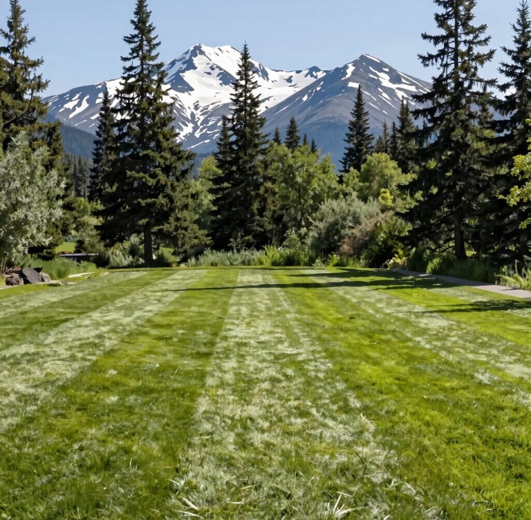 Wide environmental shot of a perfectly striped lawn in Anchorage, sharp-edged borders, towering spruce trees and snow-capped Chugach mountains in the background, bright northern daylight.