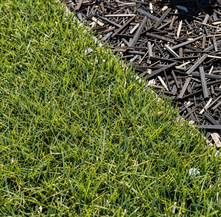 Low-angle close-up of a razor-sharp lawn border cutting cleanly between rich green turf and fresh dark mulch, bright morning light, crisp focus, 35mm lens.