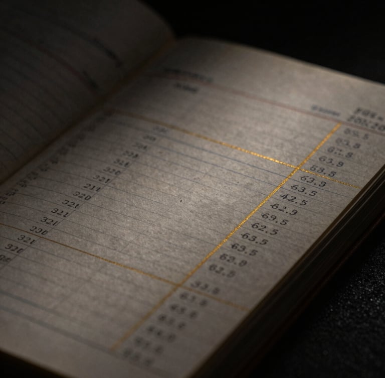Dark editorial macro photography of a vintage financial ledger with handwritten numbers, low-key dramatic side-lighting, golden ink accents, deep charcoal background, 35mm