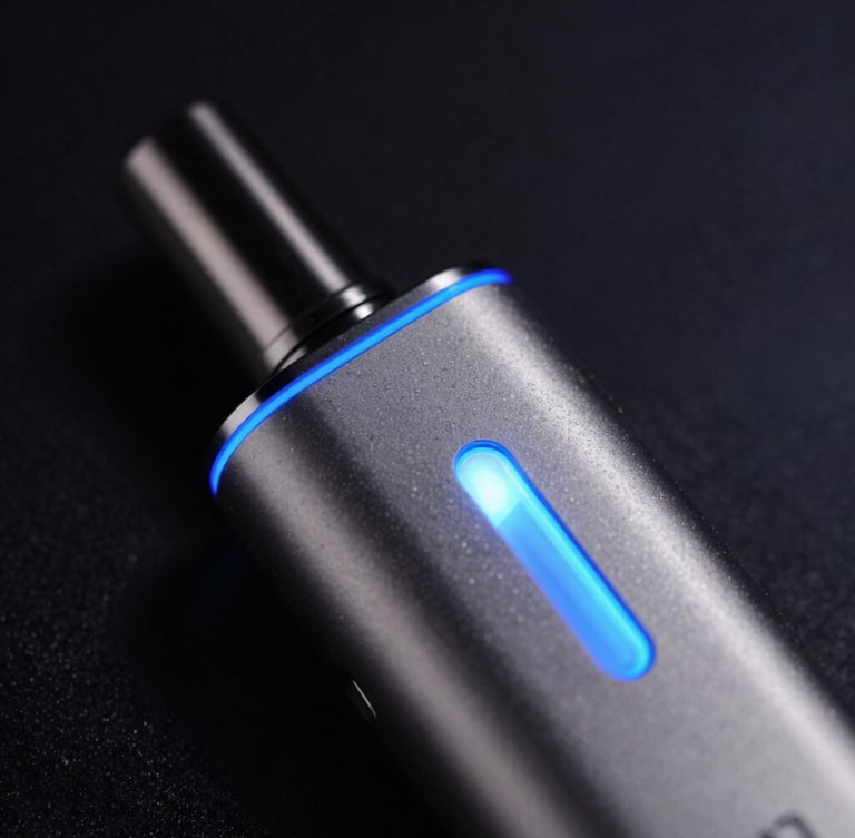 Macro close-up of a sleek metallic vape device with glowing neon blue LED indicator lights, dark obsidian background, dramatic studio lighting