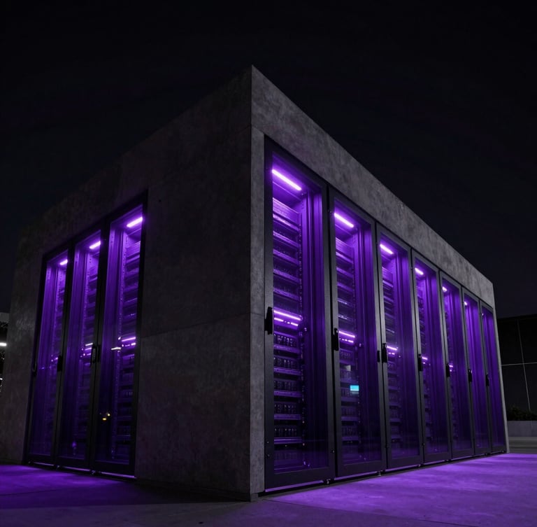 Low-key dramatic architectural shot of a modern data center exterior with sharp purple LED highlights on obsidian concrete walls, wide angle, high contrast, 35mm lens.