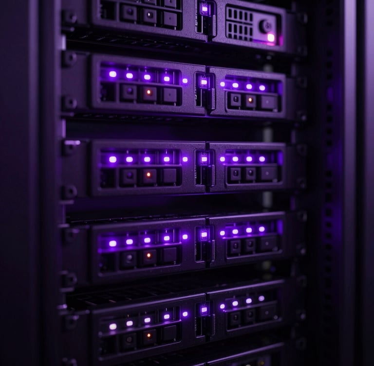 Extreme macro close-up of a high-performance server rack in a dark data center, illuminated by sharp violet and deep purple LED indicator lights, high contrast, sharp focus