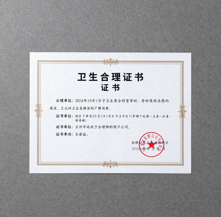 Clean flat-lay of an official sanitary compliance certificate with official stamps, crisp daylight, straight-down framing, minimal slate gray background