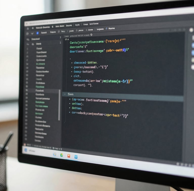 A sharp macro photograph of a clean code editor with actual syntax on a monitor, cool natural office light, desaturated slate and mint tones, 35mm