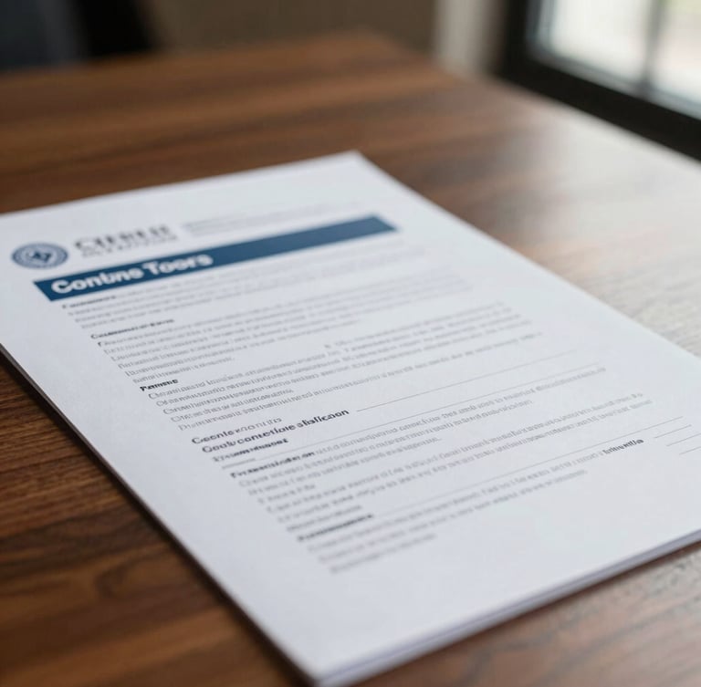 Close-up of structured financial documents and corporate contracts on a dark wooden table, warm side lighting, professional editorial photography