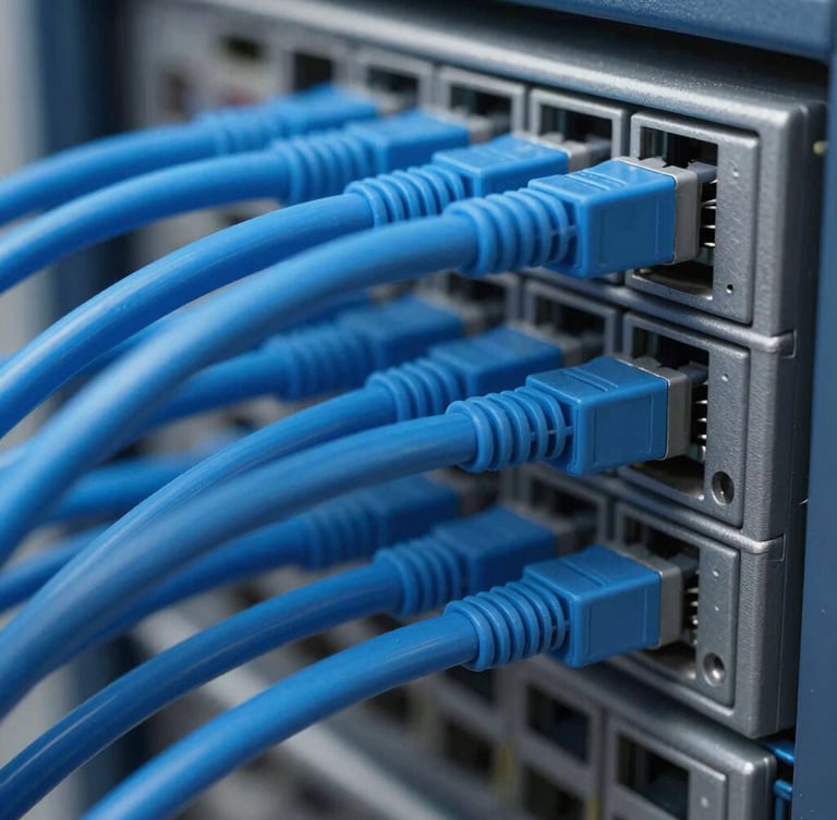 Macro shot of organized blue fiber optic cables cleanly terminated into a server rack, cool daylight, sharp focus, 35mm