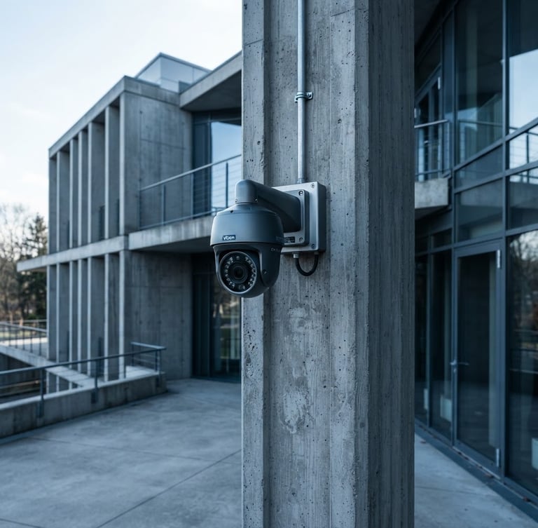 Sharp technical photography of a modern building exterior with a high-definition CCTV camera cleanly mounted on a concrete pillar, cool daylight, 35mm