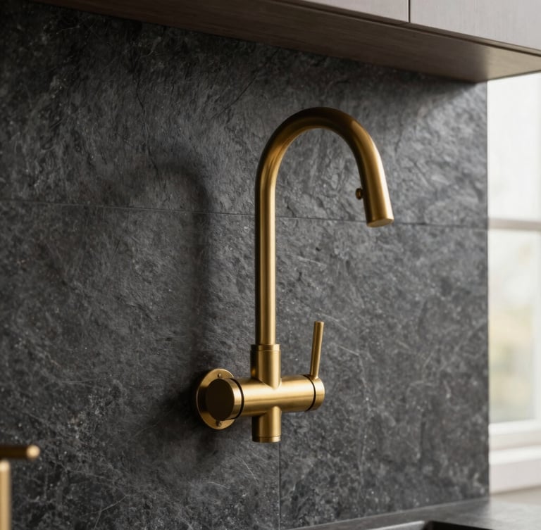 Close-up of premium brushed brass kitchen fixtures against a dramatic dark charcoal stone backsplash, soft natural window light, 35mm