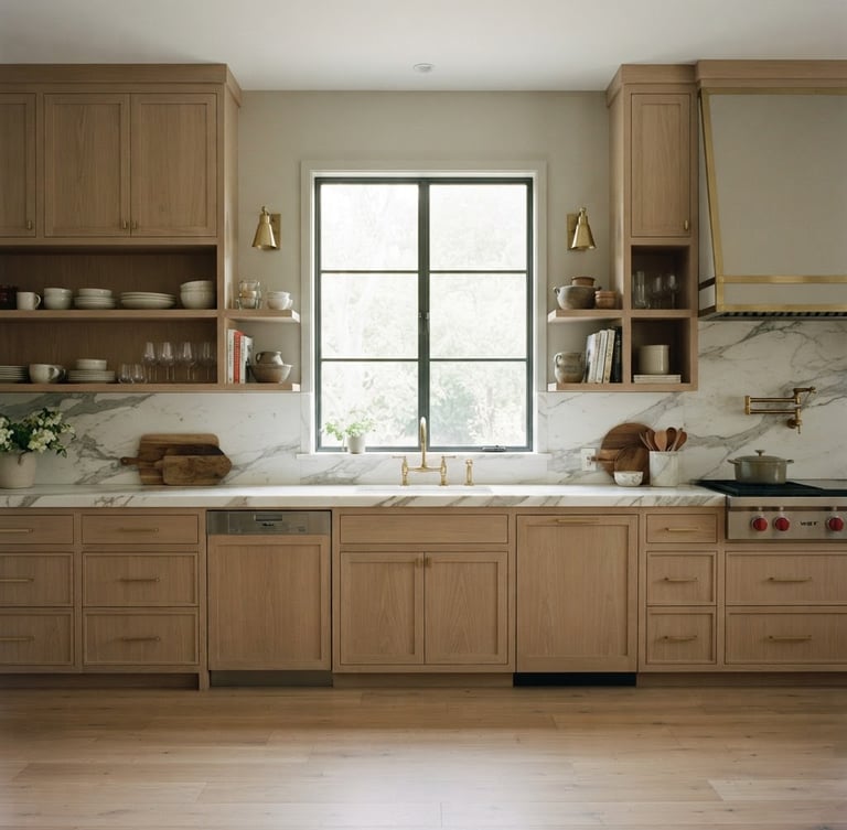 Straight-on architectural elevation of a luxury kitchen with custom white oak cabinetry, mitred marble countertops, and soft natural window light, 35mm