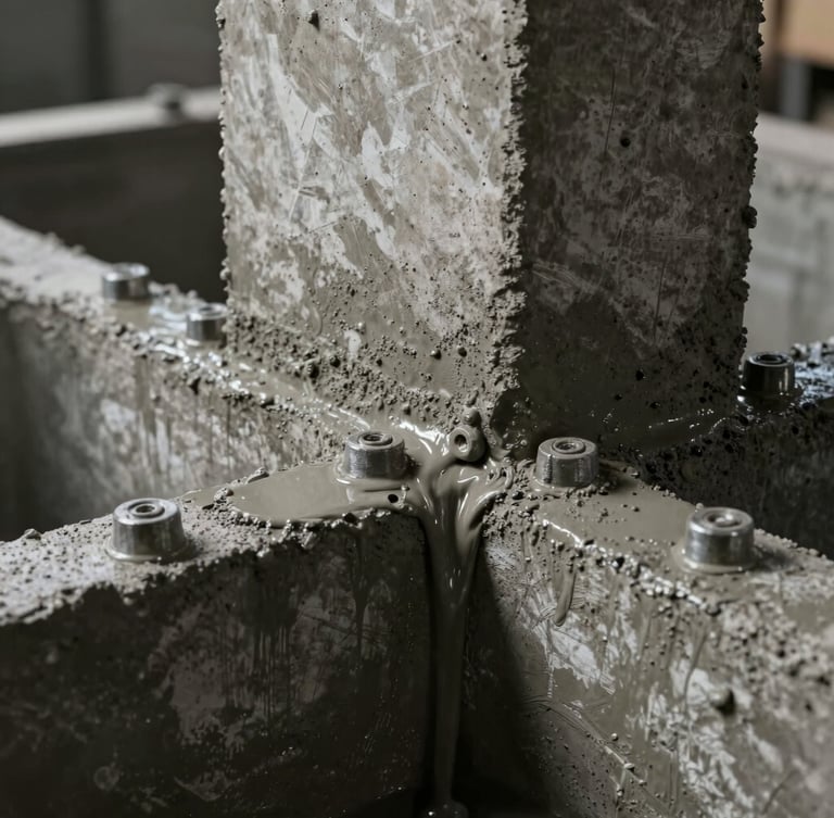 Extreme close-up of raw concrete texture and heavy steel joints, wet concrete pouring into a massive structural foundation mold, low-key dramatic lighting with high-contrast shadows.