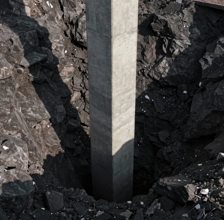 Extremely tall concrete foundation pile descending deep into dark rock, high-contrast shadows, dramatic side light
