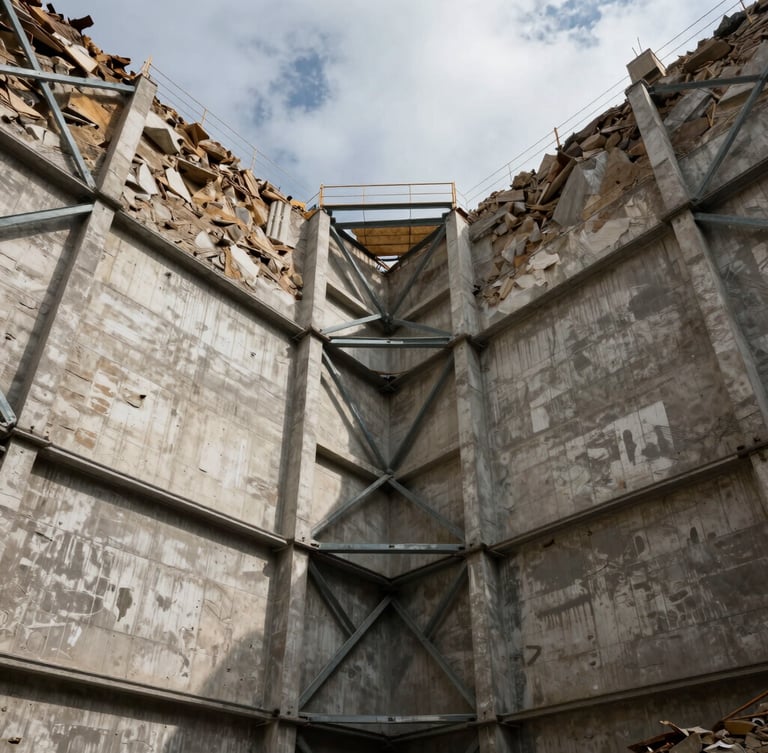 Wide environmental shot looking up from the bottom of a massive structural excavation pit, raw concrete retaining walls, heavy steel bracing, overcast sky casting high-contrast shadows.