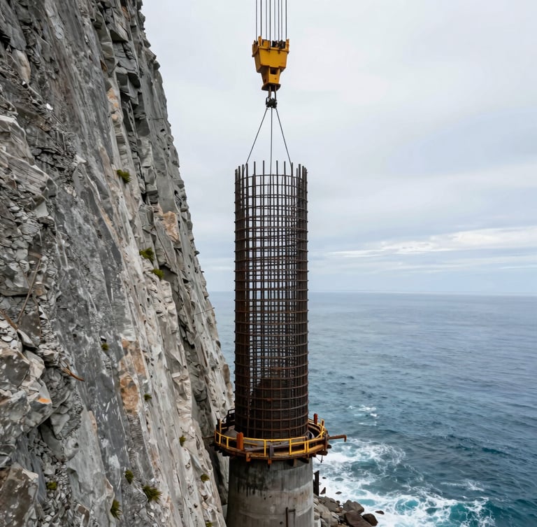 Low-angle dramatic shot of a massive steel rebar cage being lowered into a deep-drilled shaft on a sheer cliffside overlooking the ocean, overcast daylight, raw concrete texture.