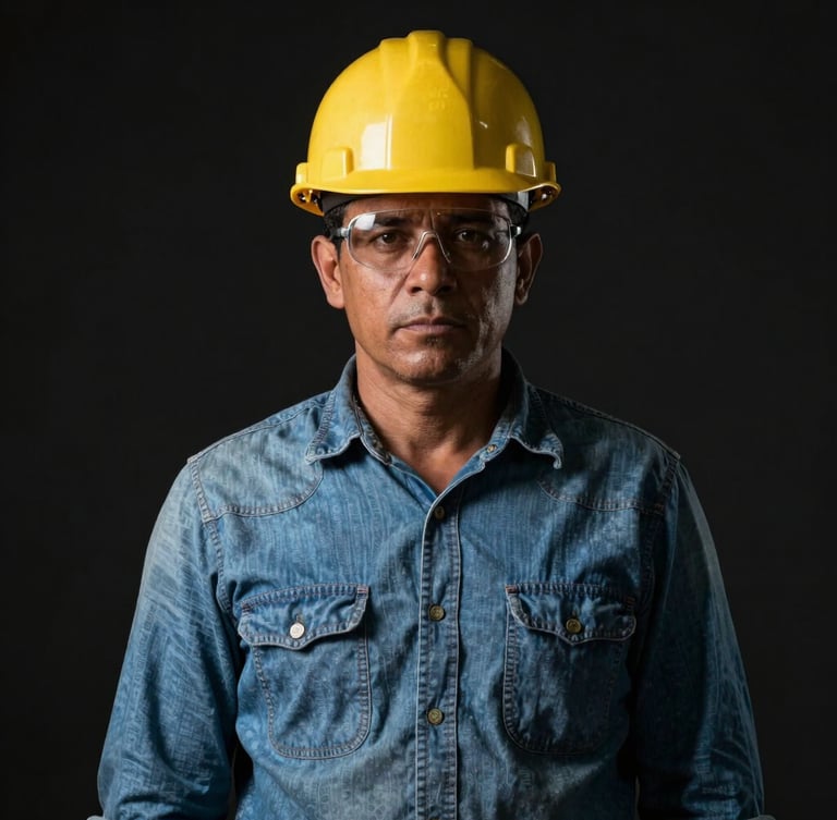 Retrato de medio cuerpo de un minero cooperativo en Colombia con casco y equipo de seguridad limpio, iluminación lateral dramática estilo claroscuro sobre fondo mineral oscuro.