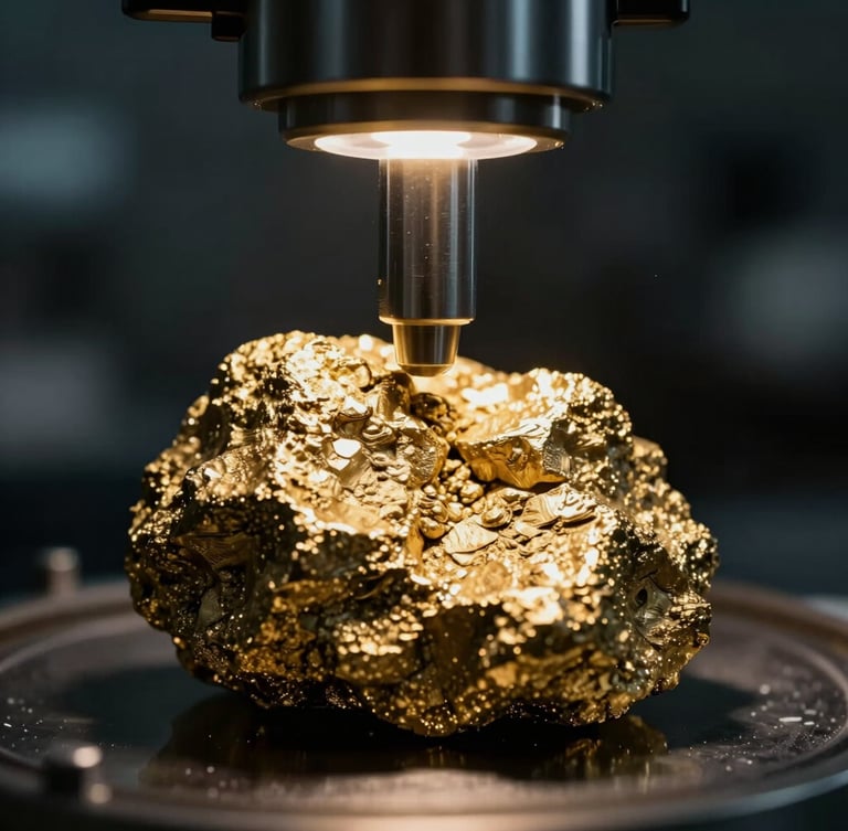 Macro close-up of a high-tech laboratory assaying process, raw gold ore being tested under precise, dramatic side-lighting, focus on geological textures, dark background, high-contrast chiaroscuro.