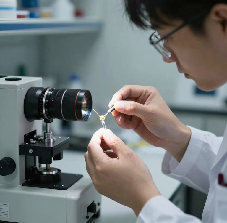 A professional technician in a clean laboratory environment analyzing a gold sample under focused white light, high contrast, technical precision