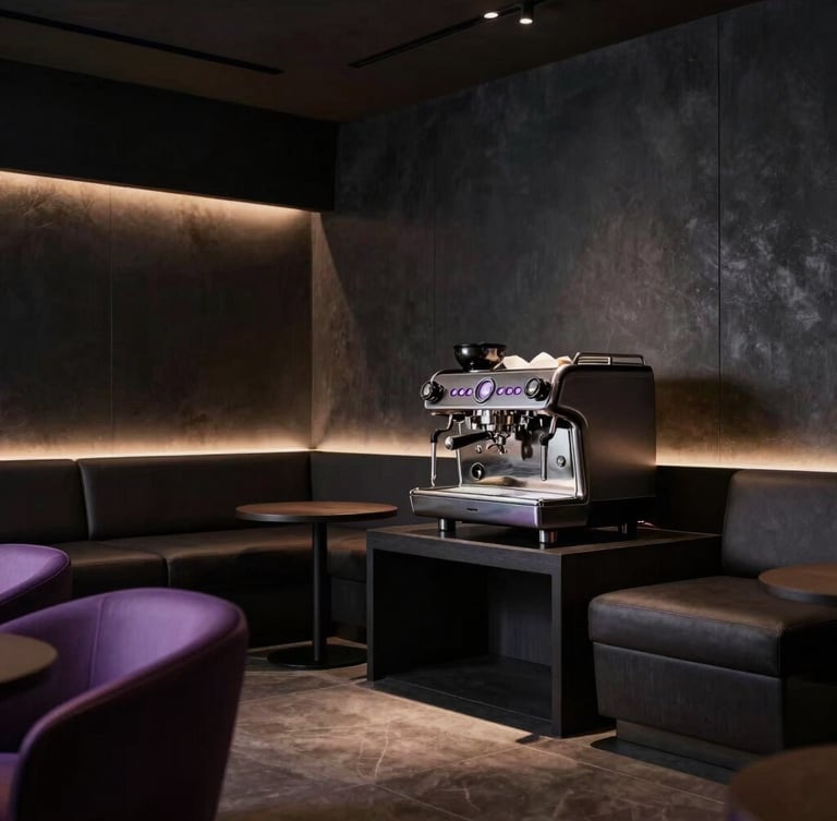 Elegant modern private coffee lounge interior with dark charcoal walls, warm ambient lighting, leather seating, premium espresso machine, minimalist luxury aesthetic