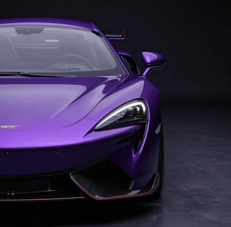 Sleek luxury supercar under dramatic low-key studio lighting with lavender neon reflections, focus on flawless paint finish and sharp body lines, 85mm lens