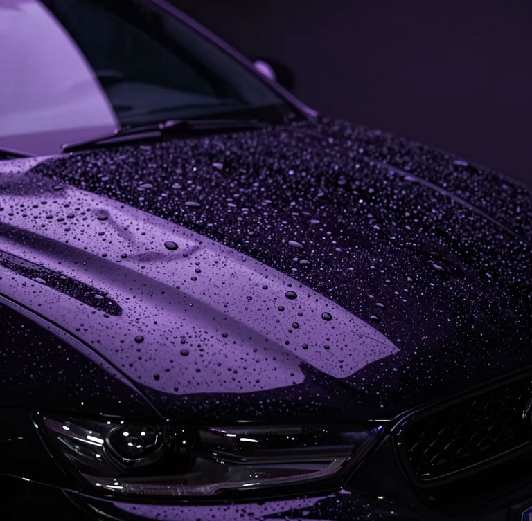 Sleek automotive detailing photography, extreme close-up of water beading on a freshly coated deep black ceramic hood, dramatic low-key studio lighting with vibrant lavender LED reflections, ultra-sharp detail, 85mm lens