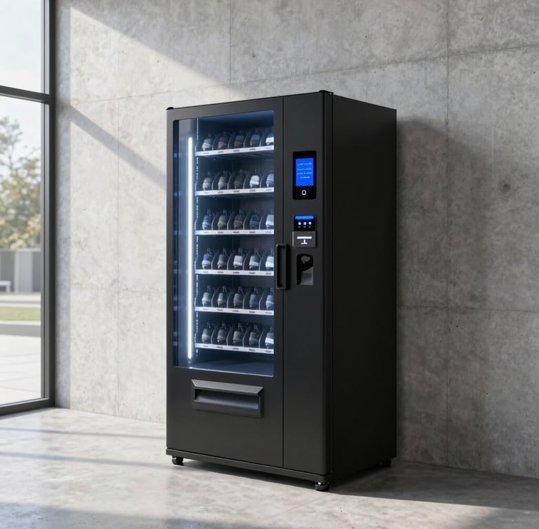 Sleek black smart vending machine integrated seamlessly into a sunlit concrete-walled modern gym, architectural daylight, 35mm.