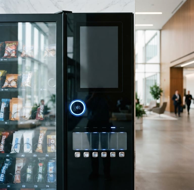 Sleek close-up of a modern black-glass smart vending machine interface, glowing blue tap-to-pay sensor, high-end commercial lobby background, bright natural daylight, 35mm