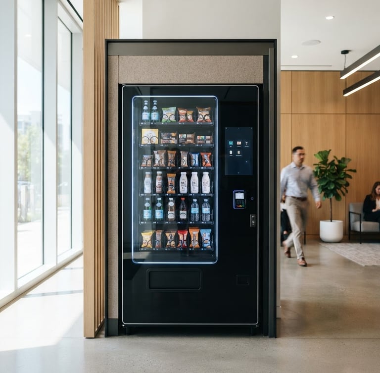 Sleek black-glass smart vending machine integrated seamlessly into a sunlit modern corporate lobby, bright natural daylight, clean minimalist interiors, cool blue accents, high-end commercial aesthetic, 35mm, portrait aspect ratio.
