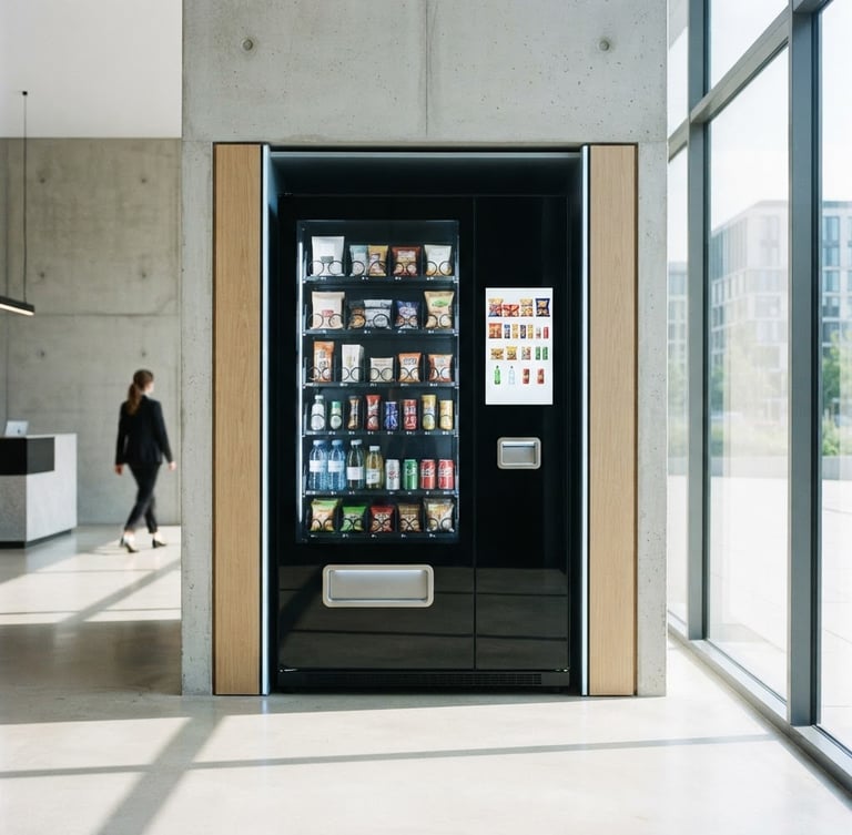 Sleek black-glass smart vending machine integrated into a bright, sunlit modern corporate lobby with concrete walls and minimalist architecture, high-end commercial photography, 35mm