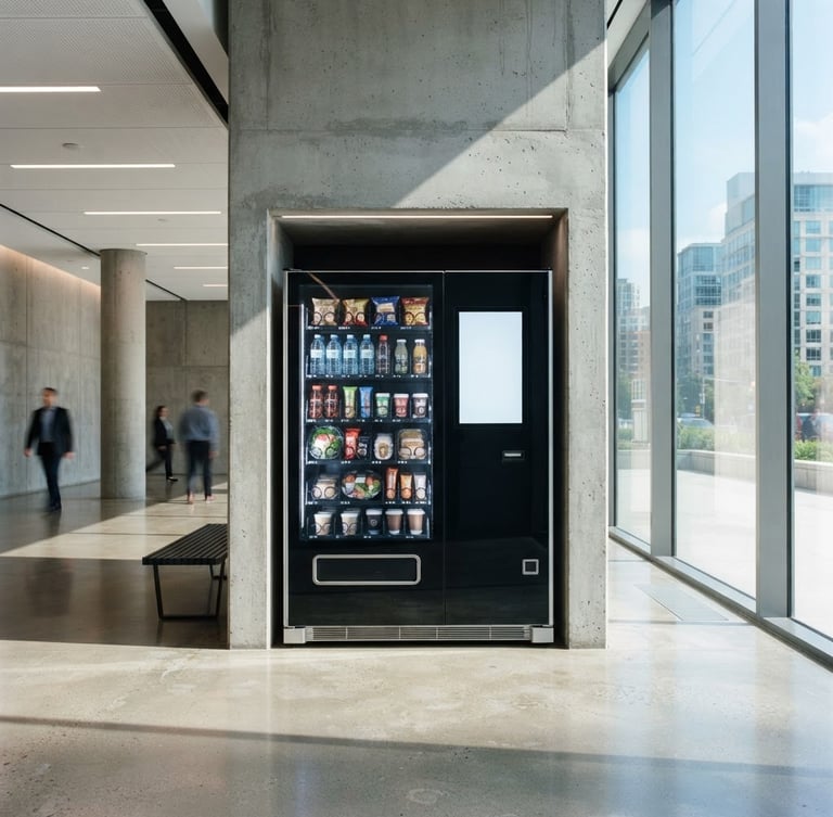 Sleek black-glass smart vending machine integrated seamlessly into a sunlit concrete and glass corporate lobby, architectural daylight, 35mm
