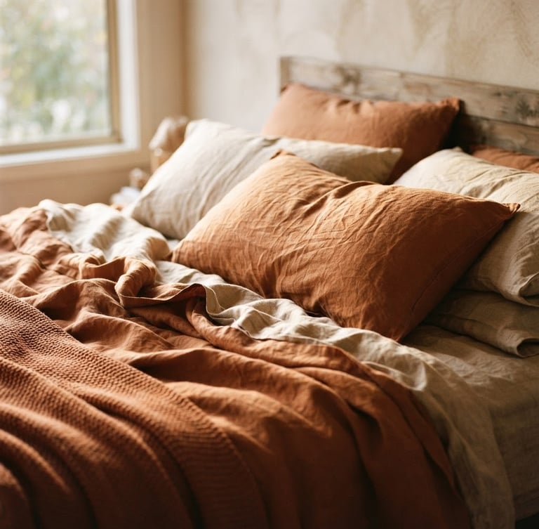 Medium-close shot of rumpled Belgian linen sheets and layered pillows on an unmade bed, soft morning window light, warm terracotta and oatmeal tones, shallow depth of field, 35mm