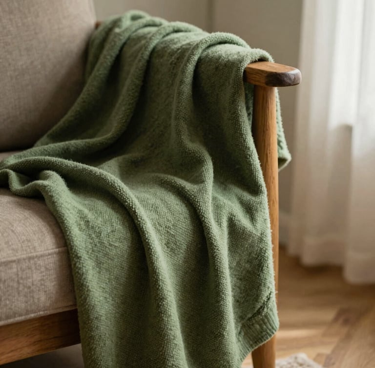 A draped moss-green sofa blanket hanging over a worn wooden chair, warm morning shadows, highly tactile fabric weave close-up
