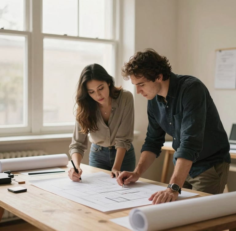 Two professionals collaborating over architectural plans in a warm, cream-walled studio, soft side-lighting from a large window, authentic interaction