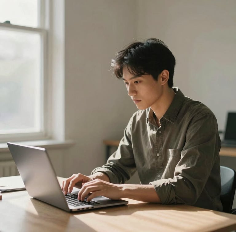 A focused professional in a warm, neutral-toned studio, working on a laptop with soft morning light streaming through a large window, 35mm.