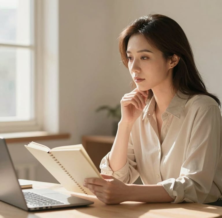 A professional woman in her late 30s working in a sunlit, warm cream-toned workspace, looking thoughtfully at a notebook, soft window light, depth of field