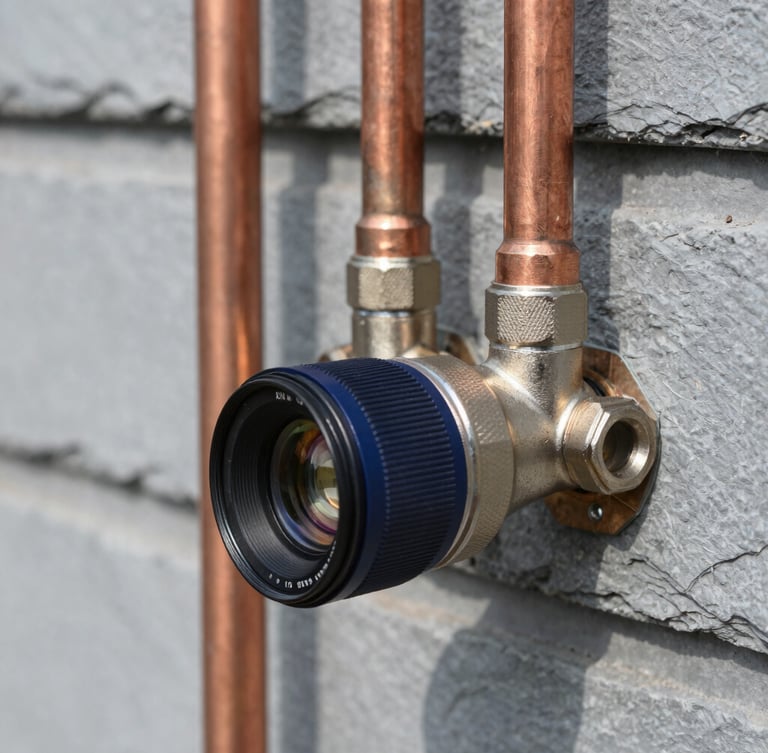 Close-up of clean, professionally welded copper pipes on a slate gray wall, bright natural daylight, high detail, 35mm lens
