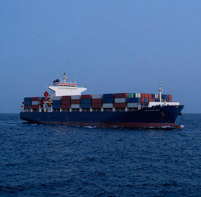 A massive container ship moving through deep blue ocean water at twilight, wide-angle cinematic scale, cool blue tones, 35mm