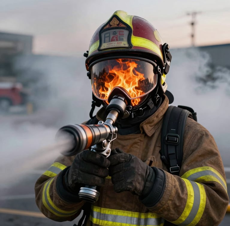 Close-up of a firefighter in reflective turnout gear holding a pressurized water nozzle at dusk, dramatic orange flames reflecting on the visor, thick smoke in background.