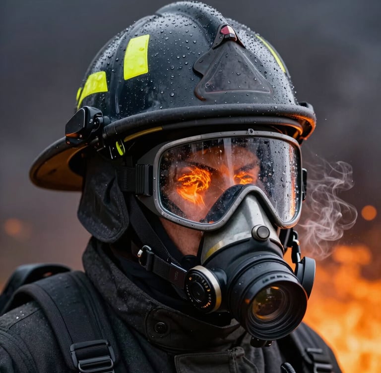 Close-up of a firefighter's helmet and tactical breathing apparatus, water droplets vaporizing on the visor, intense orange glow of fire reflected in the glass, dark smoky background.