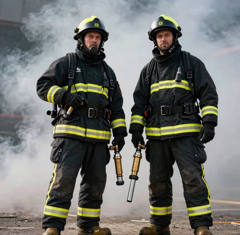 Two military firefighting instructors standing side-by-side in heavy black turnout gear with reflective yellow strips, holding a pressurized brass nozzle, dramatic low-angle shot with smoke, high contrast