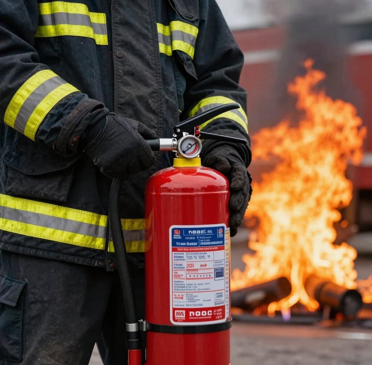 Close-up of a trainee in full fire-retardant gear operating a heavy industrial dry chemical extinguisher, direct orange glow of controlled fire in the background, sharp focus on the safety valve and pressure gauge.