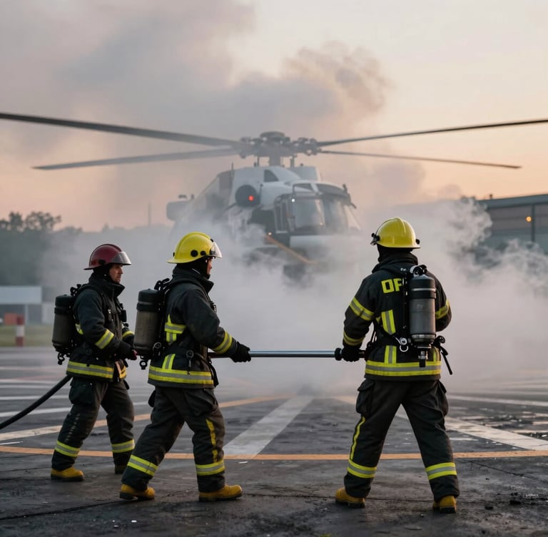 Wide environmental shot of firefighters in full tactical turnout gear with reflective strips, holding a pressurized nozzle during a live-fire helipad training simulation at dusk, thick dramatic smoke in the background.