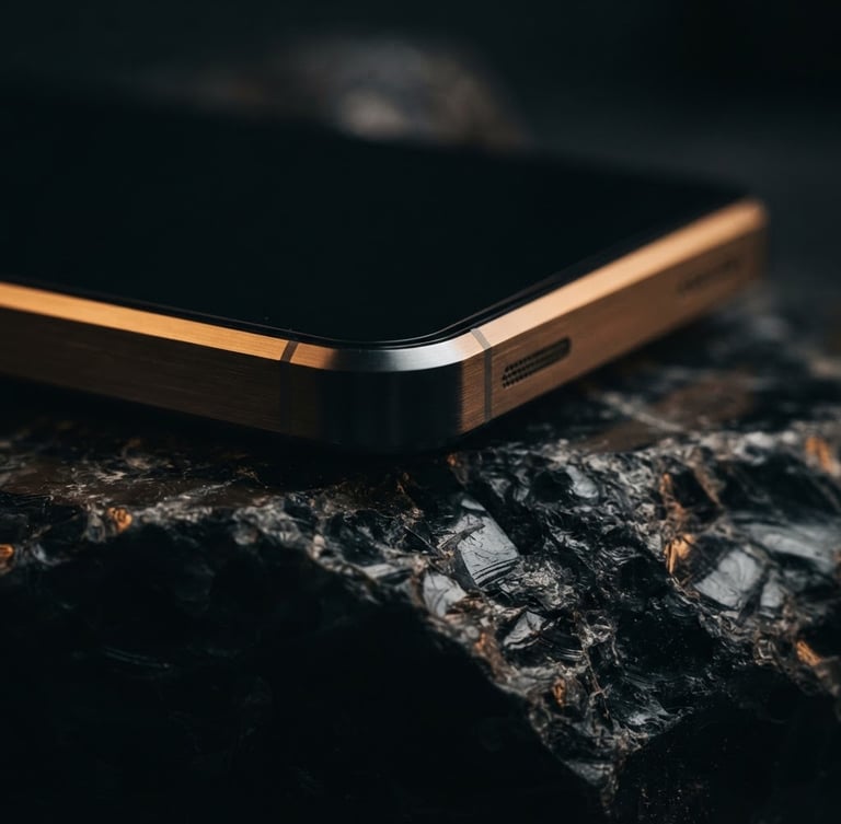 Moody low-key studio shot of a sleek metallic gadget edge resting on dark textured obsidian stone, dramatic side-lighting, amber highlights, 85mm lens