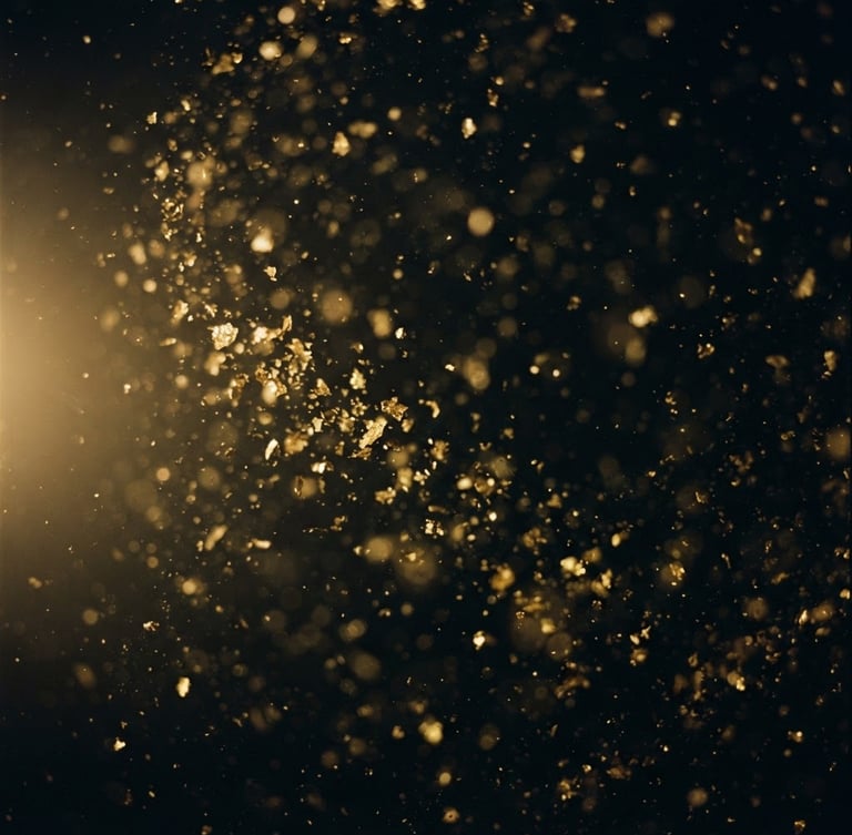 Extreme close-up macro photography of gold dust suspended in deep black water, soft focus, faint golden light leak from the left, 35mm film grain, mysterious atmosphere