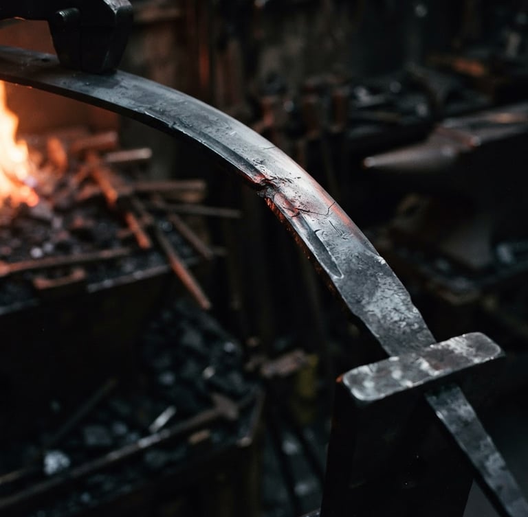 Macro shot of a high-carbon steel sword blade bent under severe stress test in a dark workshop, cold metallic highlights, 35mm film grain