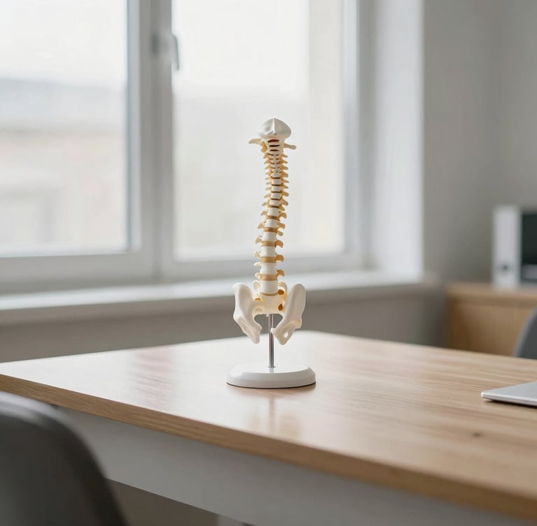 A serene clinical office with soft natural window light, a wooden desk with a spine model, muted slate and warm white tones, shallow depth of field