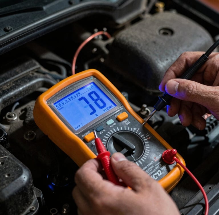 Close-up of an automotive multimeter testing copper wiring under a car hood, intense electric blue and orange diagnostic screen glowing, sharp focus on hands holding probes, deep shadows, gritty workshop environment.