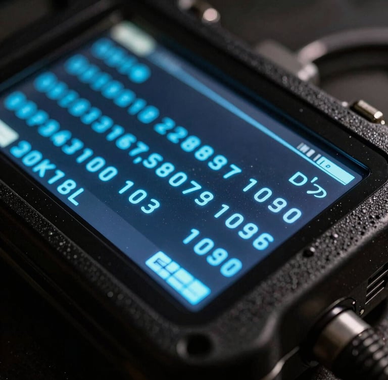 Close-up of a high-tech automotive scanner screen displaying diagnostic code lines, glowing electric blue in a dark workshop, gritty texture, macro lens